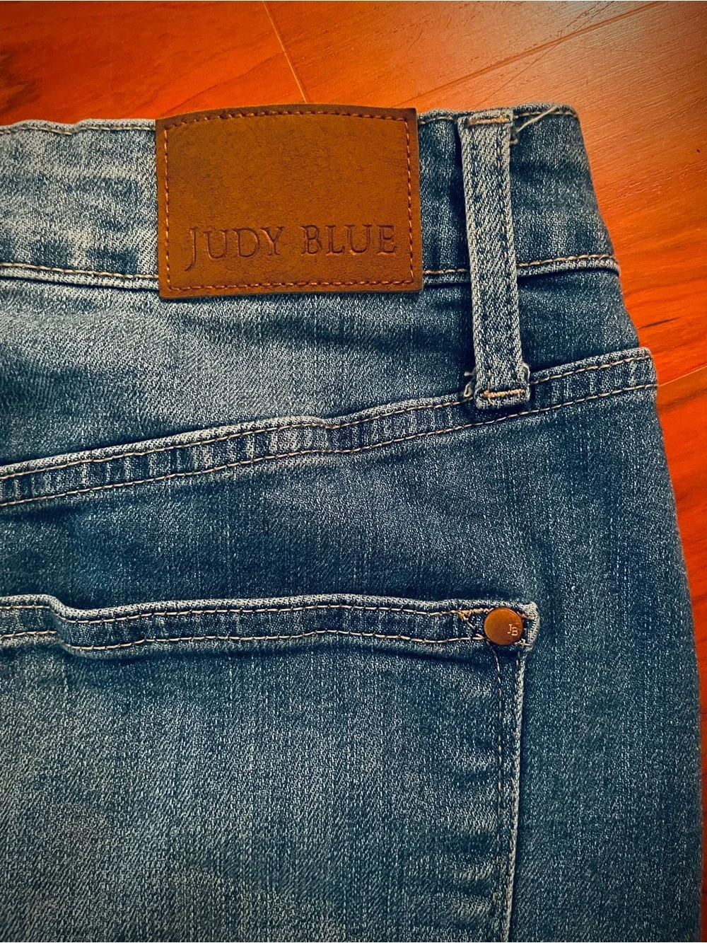 JUDY BLUE Short Denim Jean Skirt Blue Mini Medium Wash Stretch Pockets sz 1X